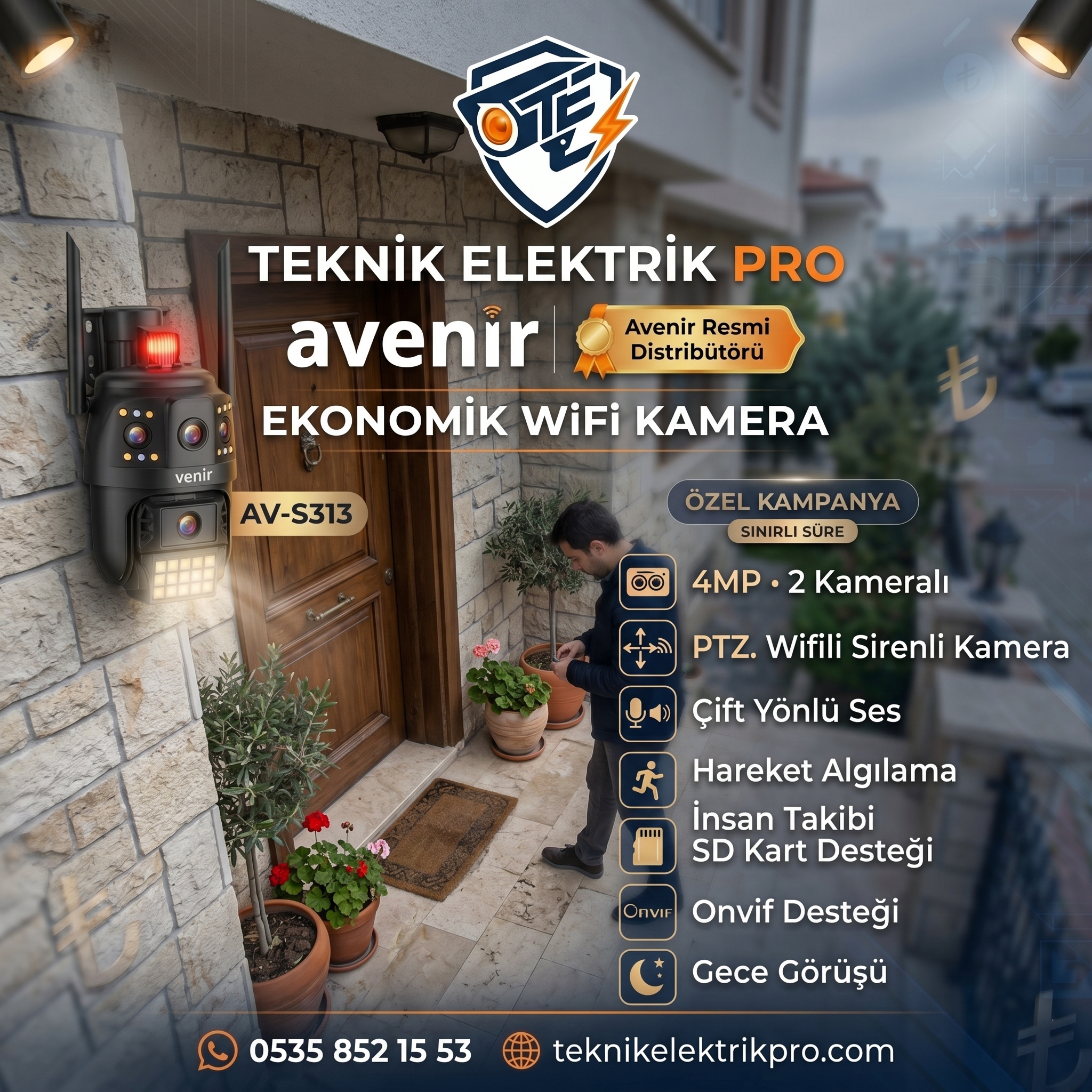 Avenir AV-S313 4MP Çift Kameralı PTZ WiFi Sirenli Güvenlik Kamerası 2