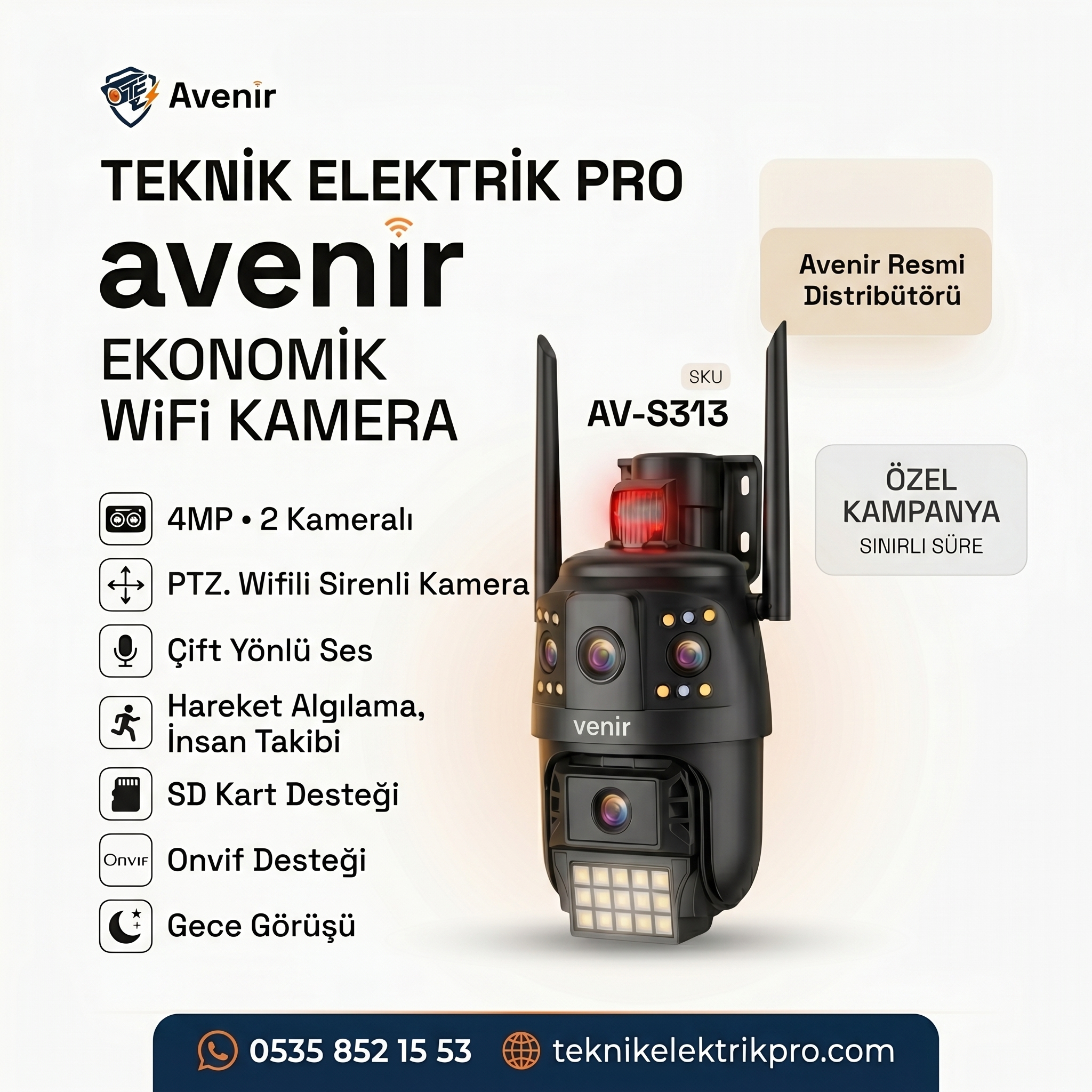 Avenir AV-S313 4MP Çift Kameralı PTZ WiFi Sirenli Güvenlik Kamerası