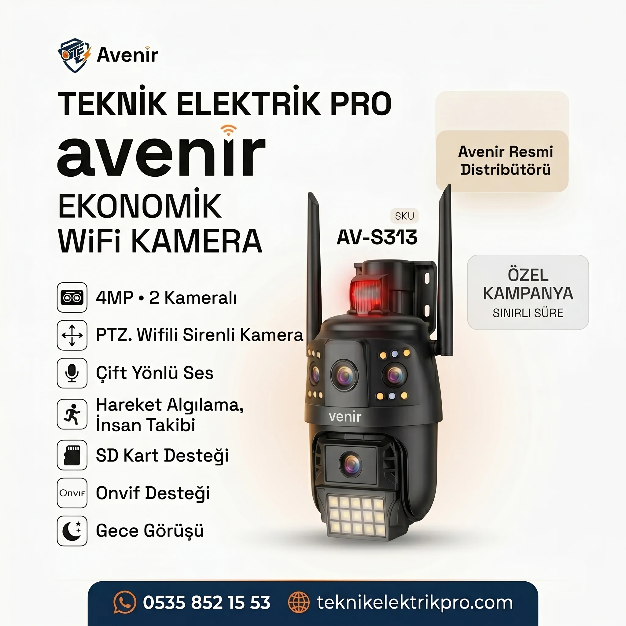 Avenir AV-S313 4MP Çift Kameralı PTZ WiFi Sirenli Güvenlik Kamerası