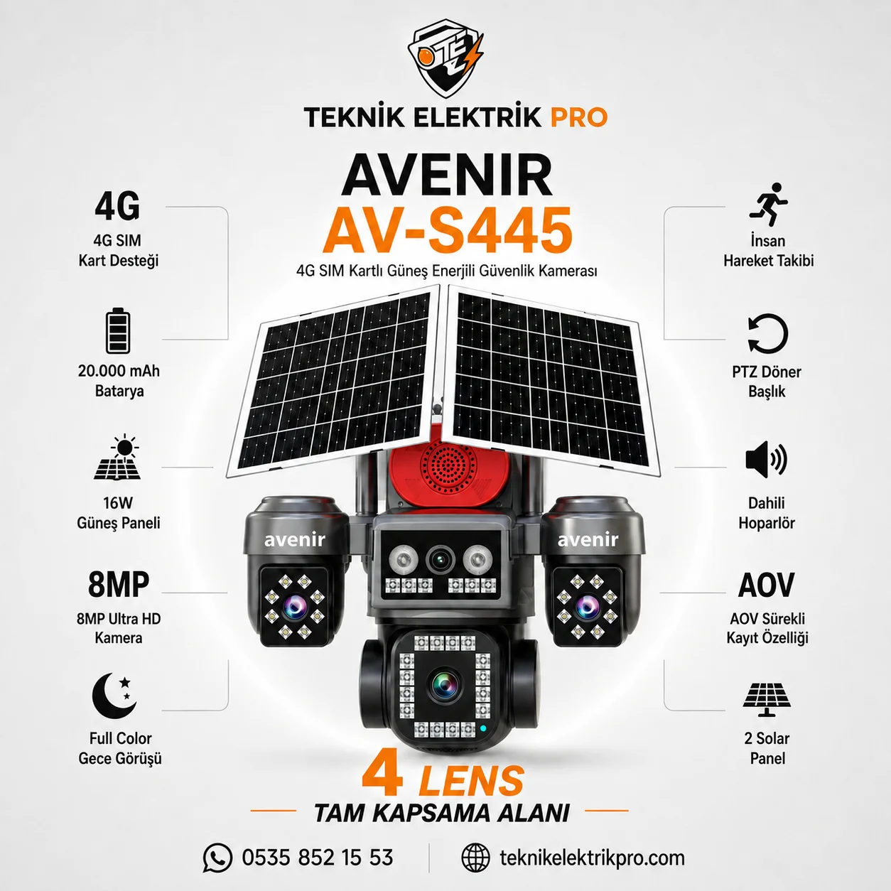 Avenir AV-S445 4G SIM Kartlı Güneş Enerjili Güvenlik Kamerası
