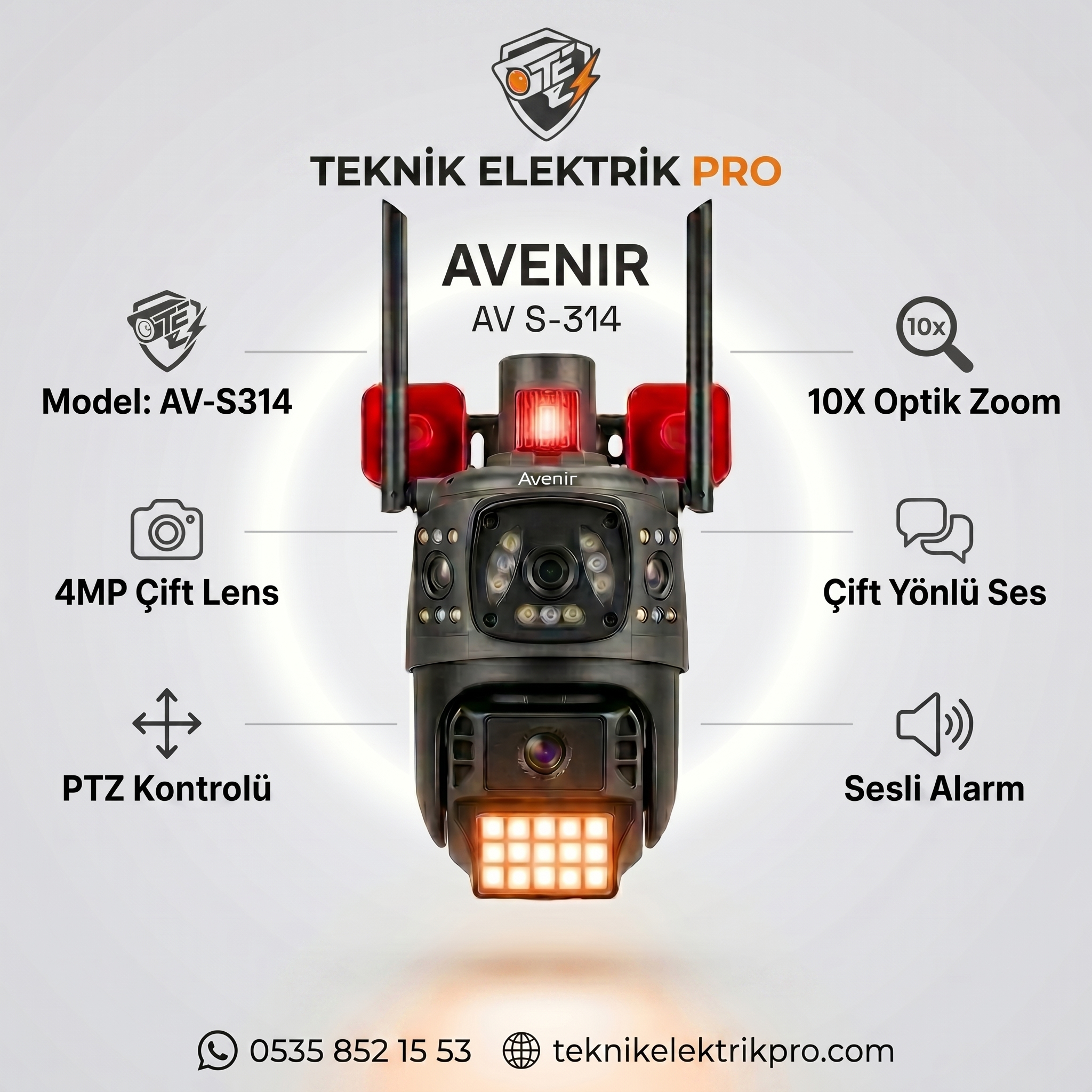Avenir AV-S314 4MP Çift Lens PTZ WiFi 10X Zoom Sirenli Güvenlik Kamerası