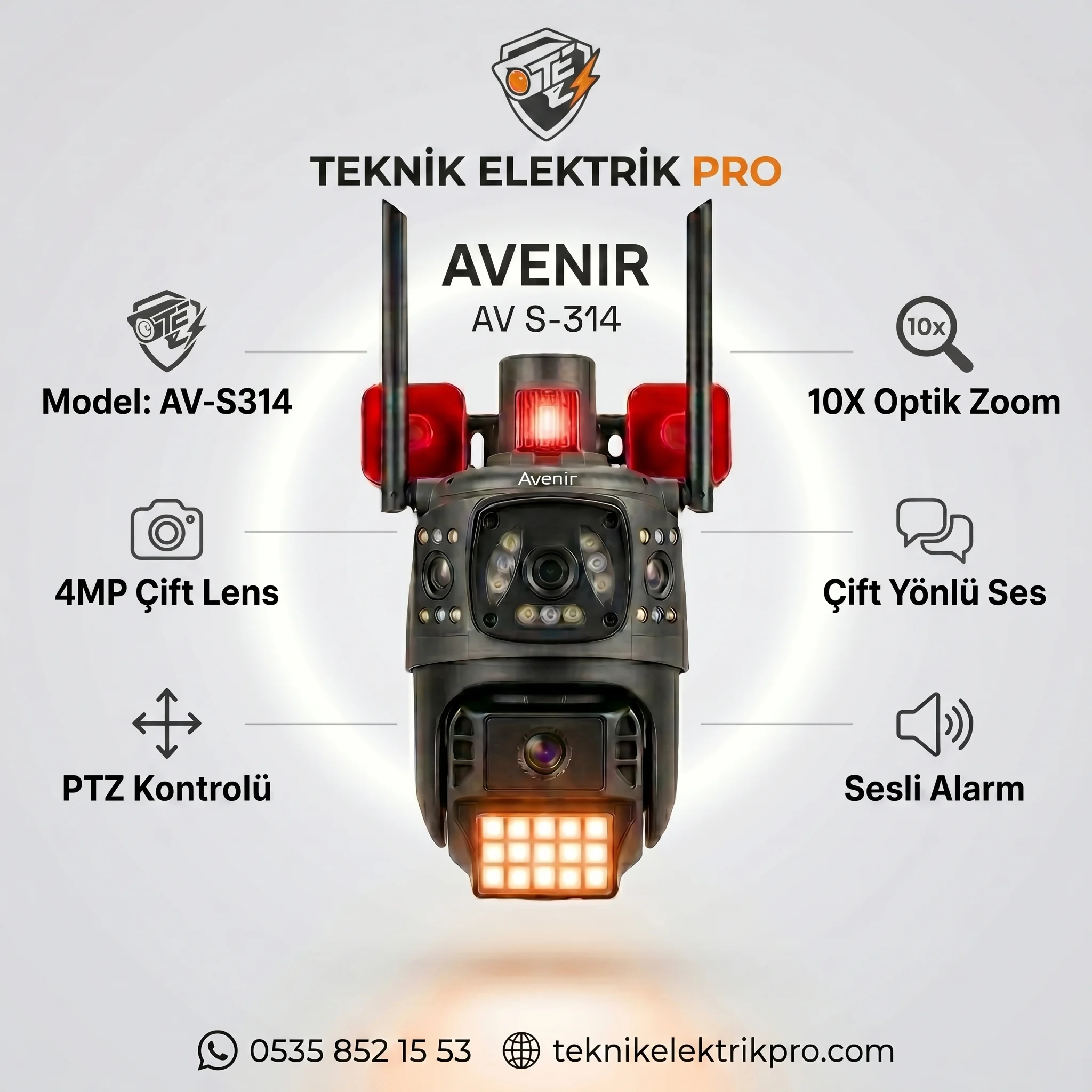 Avenir AV-S314 4MP Çift Lens PTZ WiFi 10X Zoom Sirenli Güvenlik Kamerası