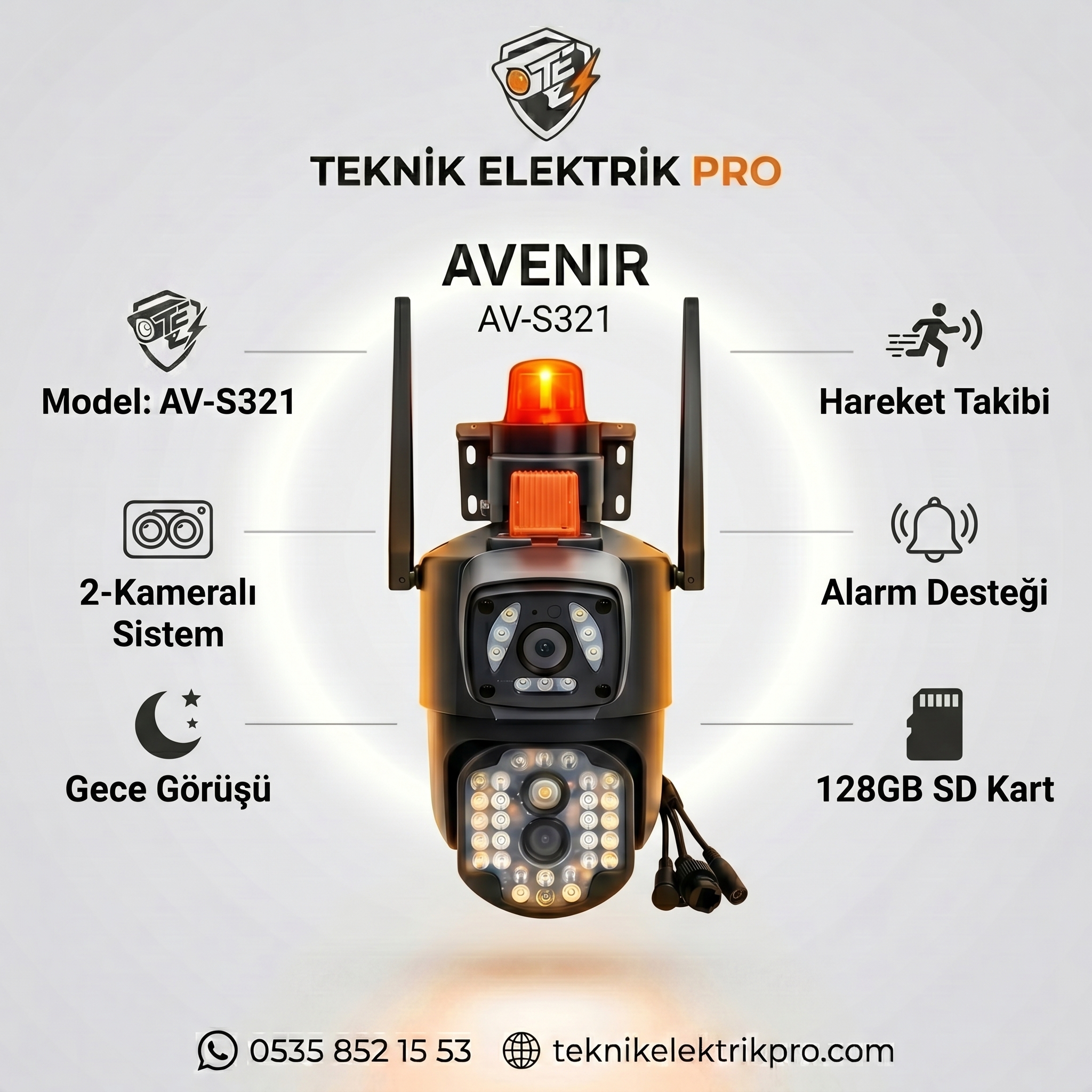Avenir AV-S321 2 Kameralı WiFi Sirenli Güvenlik Kamerası Gece Görüşlü Hareket Takipli