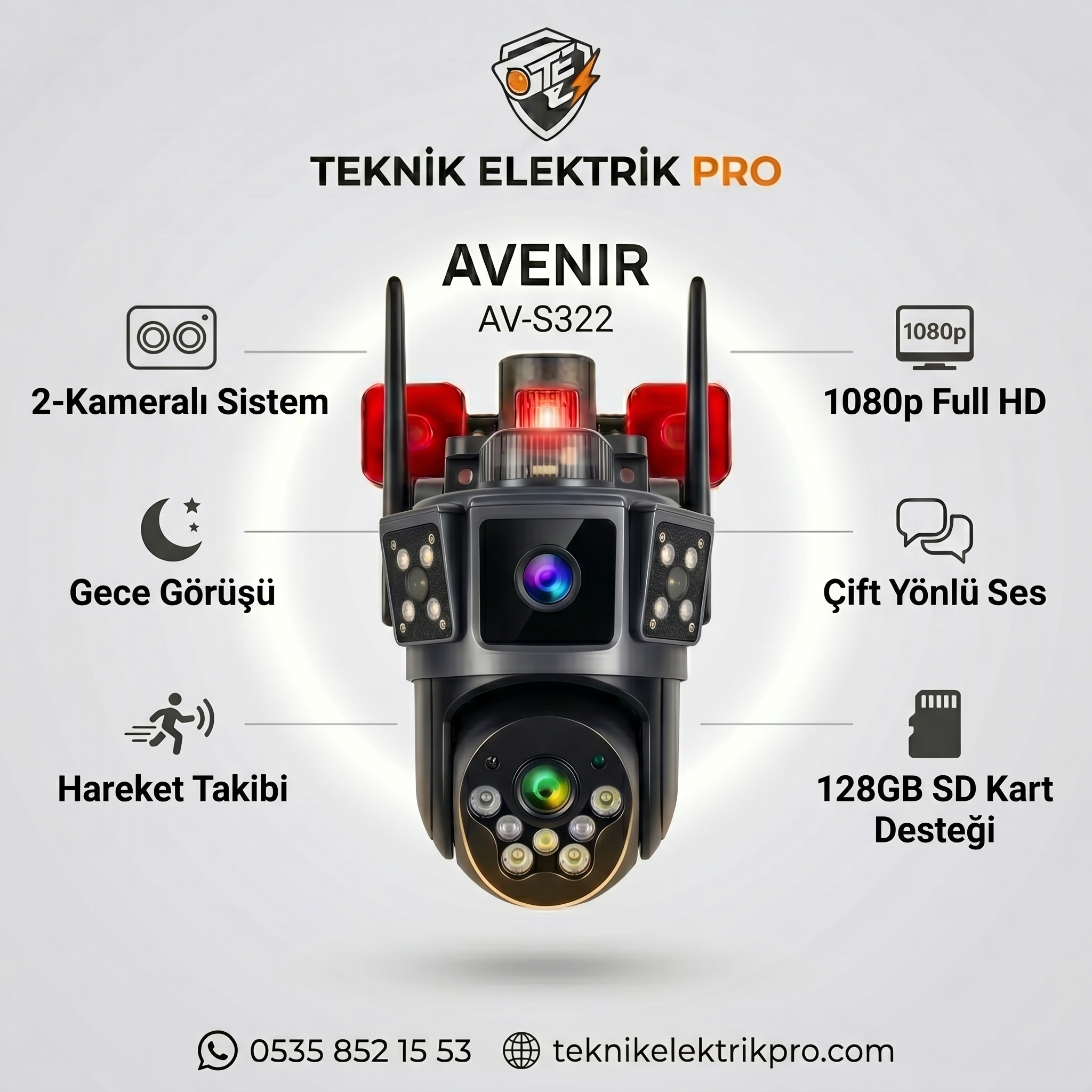 Avenir AV-S322 Full HD 1080p 2 Kameralı WiFi Güvenlik Kamerası Çift Yönlü Sesli Gece Görüşlü