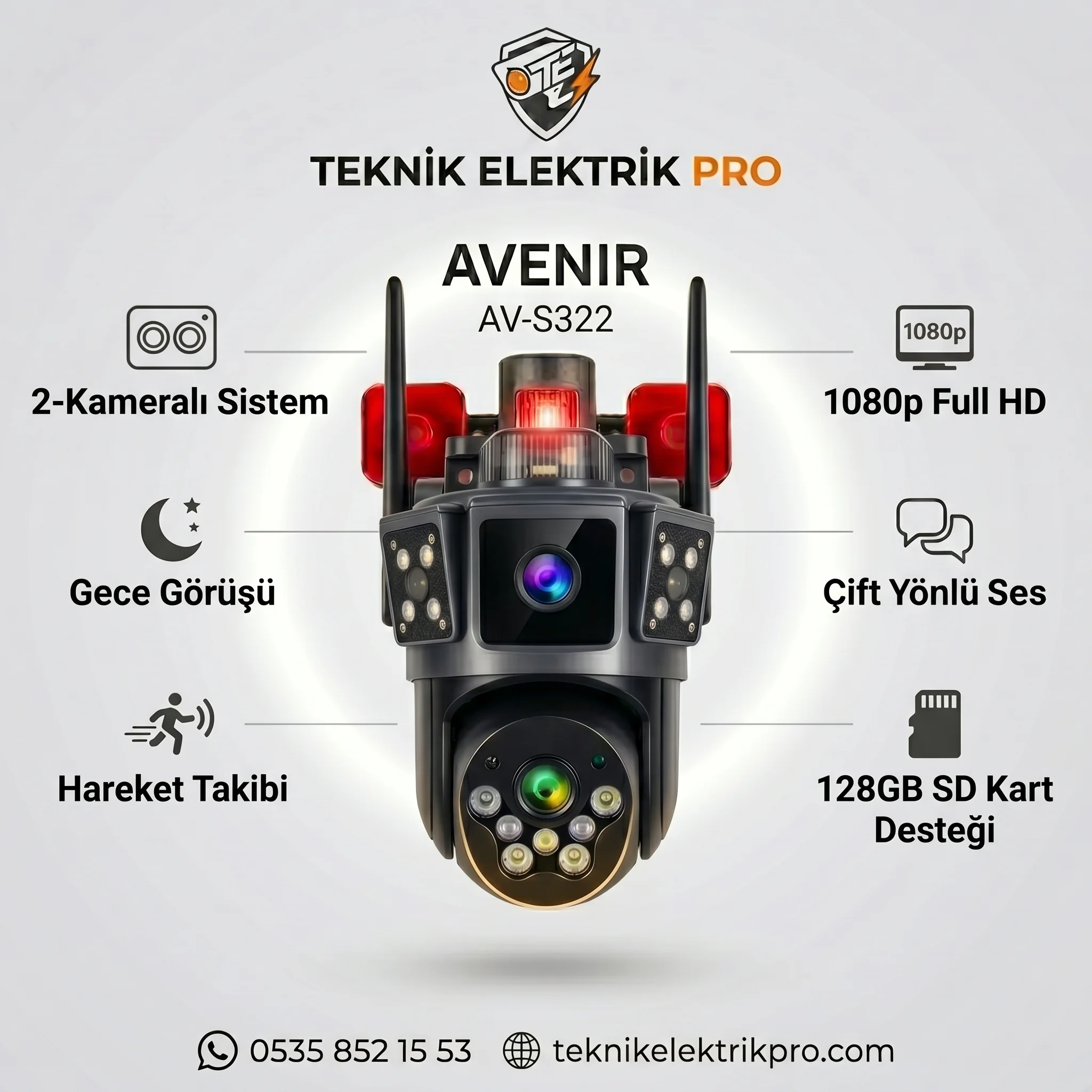 Avenir AV-S322 Full HD 1080p 2 Kameralı WiFi Güvenlik Kamerası Çift Yönlü Sesli Gece Görüşlü