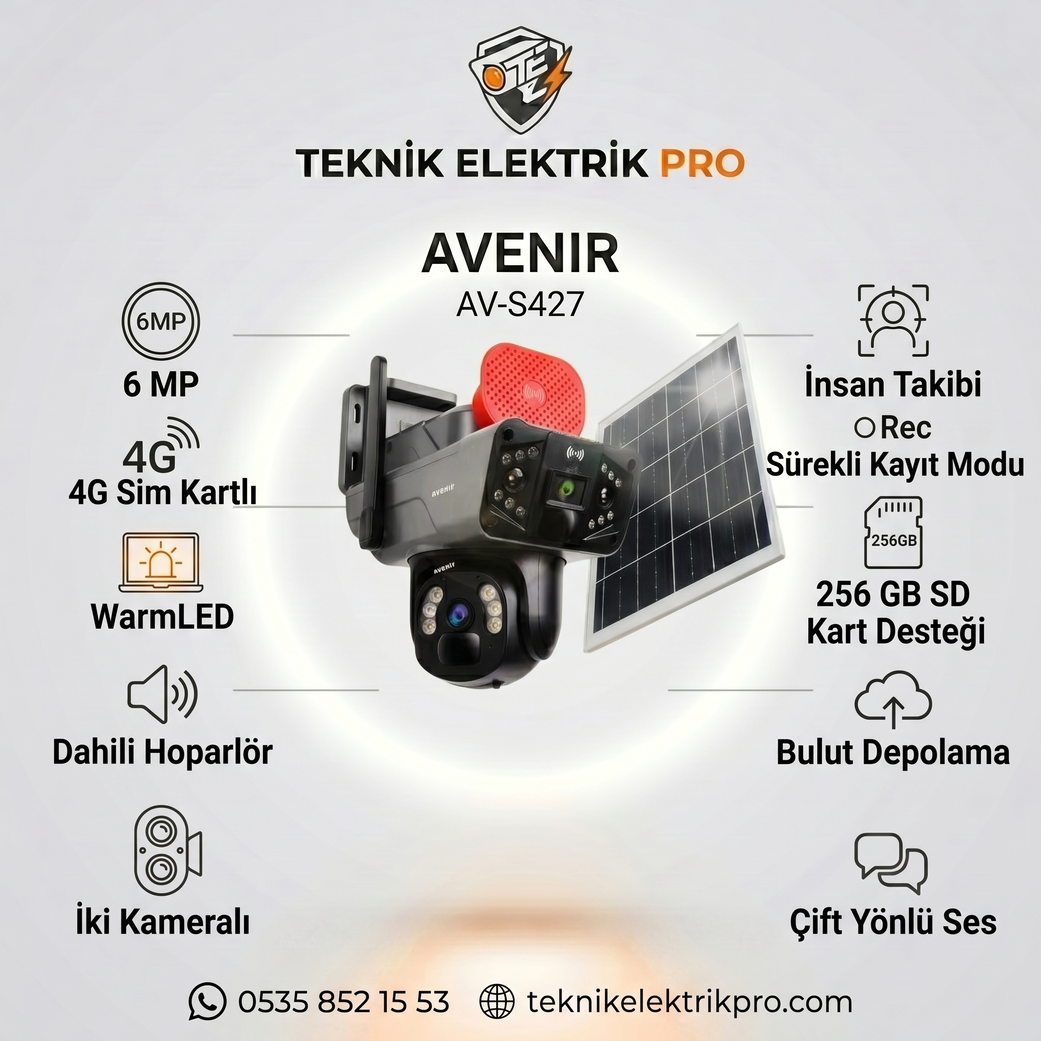 Avenir AV-S427 6MP 4G Sim Kartlı Solar Panelli İki Kameralı Güvenlik Kamerası İnsan Takipli