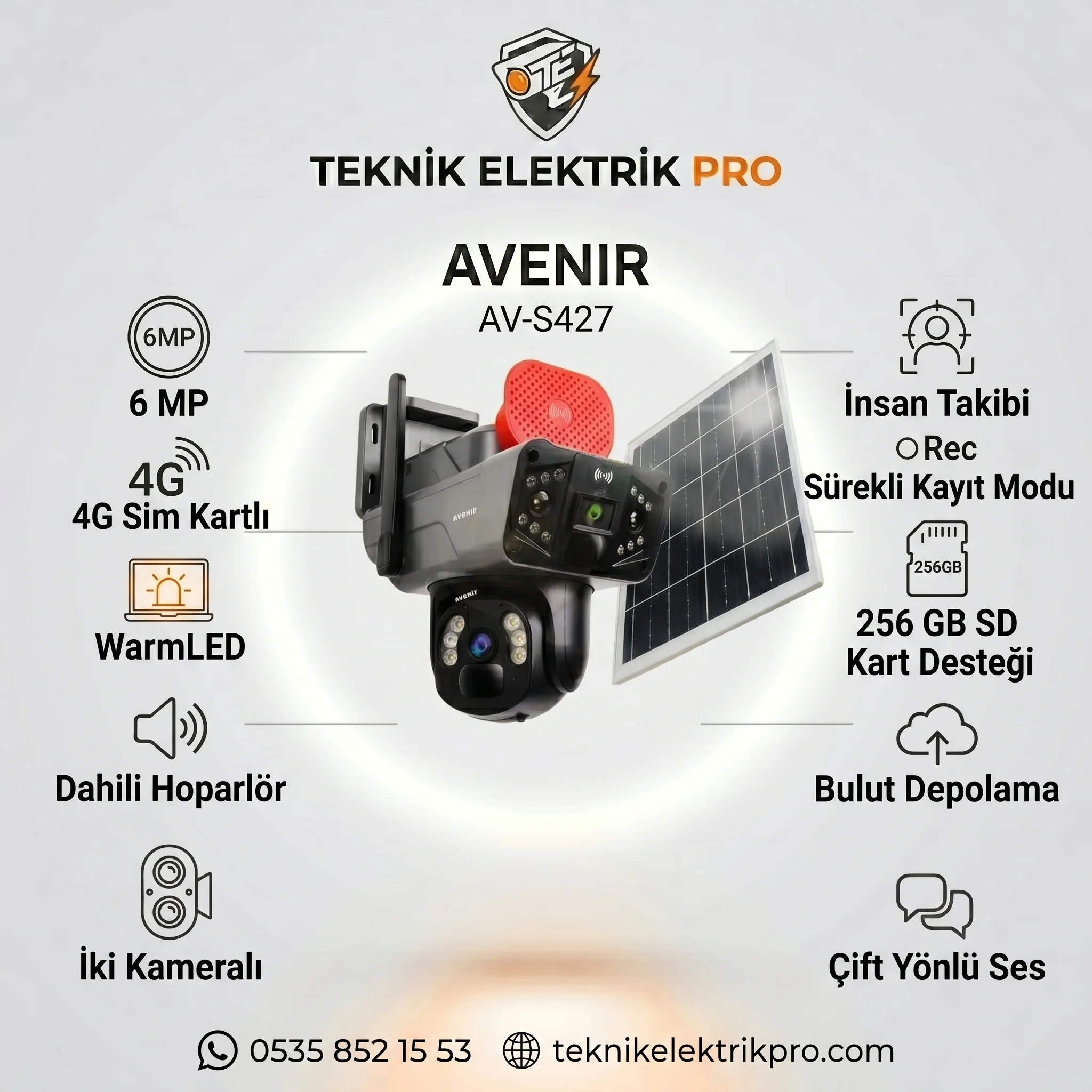 Avenir AV-S427 6MP 4G Sim Kartlı Solar Panelli İki Kameralı Güvenlik Kamerası İnsan Takipli