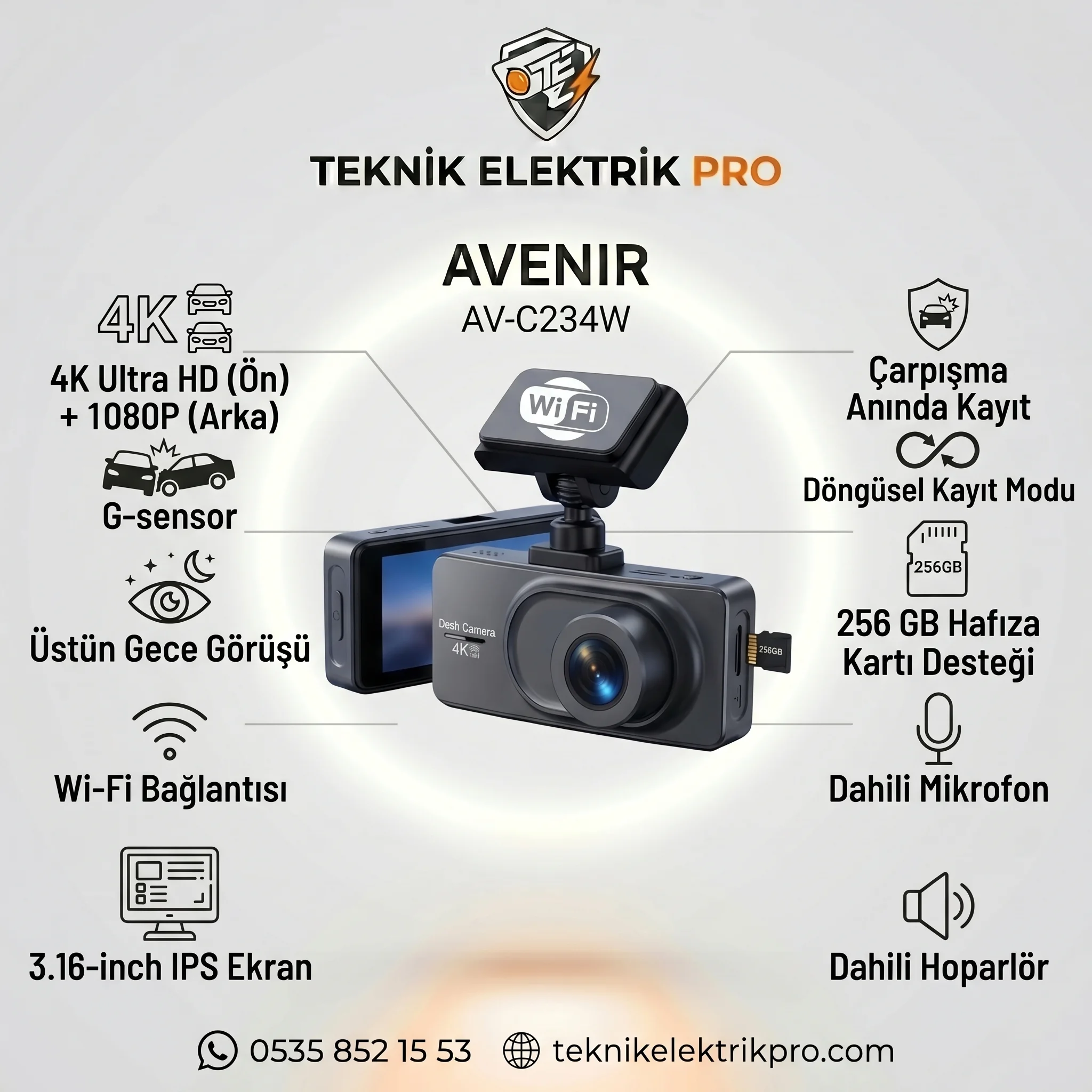 Avenir AV-C234W 4K Wi-Fi Çift Kameralı Araç Kamerası